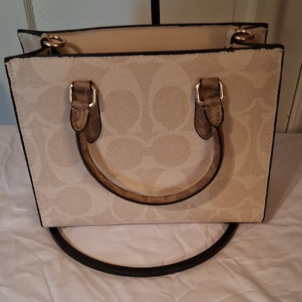 Coach Beige Signature Canvas Satchel with Tan Handles - Picture 9 of 13